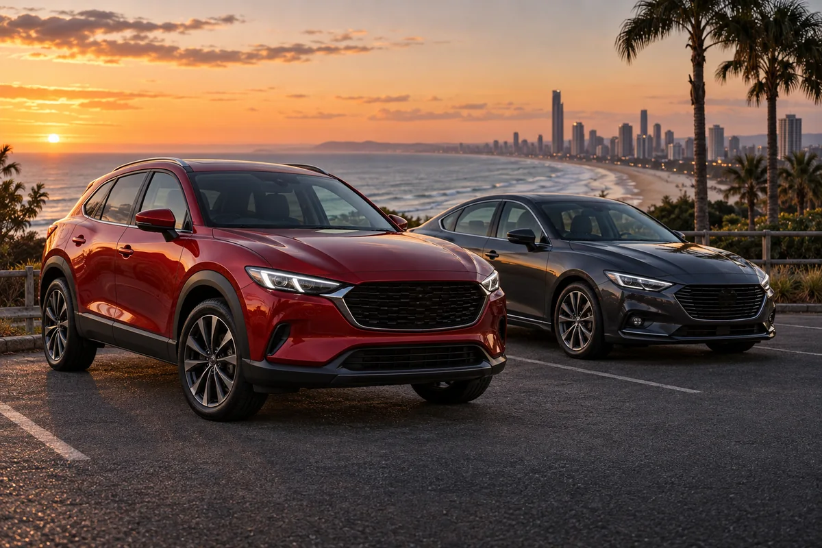 Two cars overlooking the Gold Coast coastline at sunset
